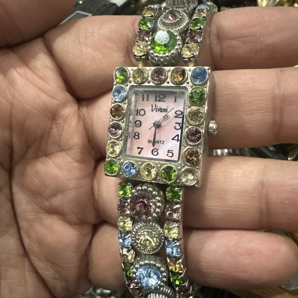 Works Vivani Pink Dial MOP Ladies Watch 23MM Multicolor Rhinestone Strap Fit 7in